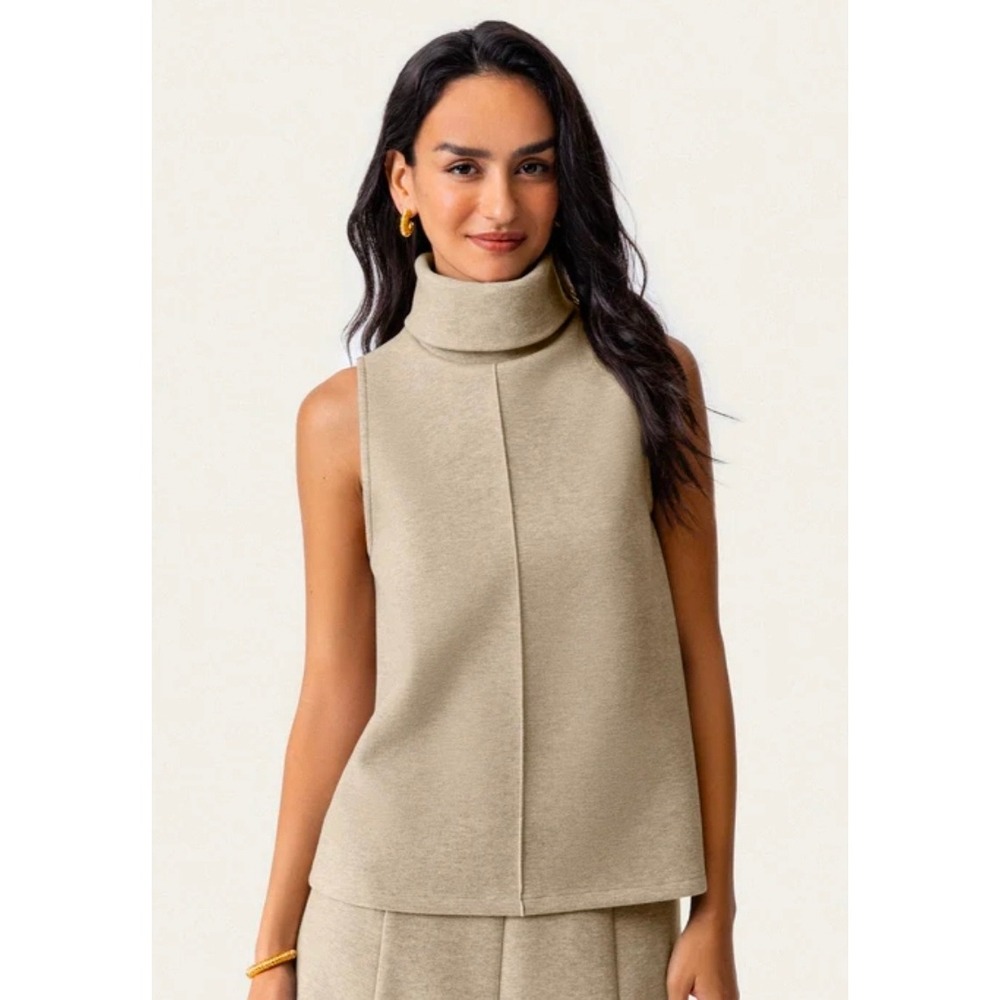 OGL Women Medium Oatmeal Sleeveless Turtleneck Top Knit Center Seam
